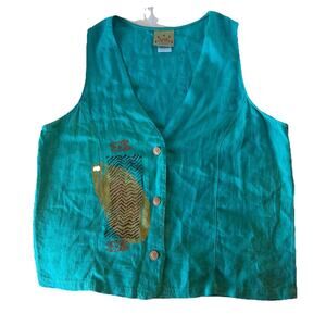 Vintage Blue Cactus 100% Linen Vest Teal Southwestern Made in USA - Size L